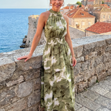 Simona | Midi šaty s nabíraným pasem a abstraktním vzorem