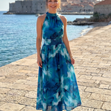Simona | Midi šaty s nabíraným pasem a abstraktním vzorem